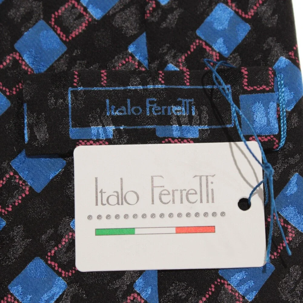 Italo Ferretti NWT Neck Tie in Black with Blue & Red Geometric Print 100% Silk
